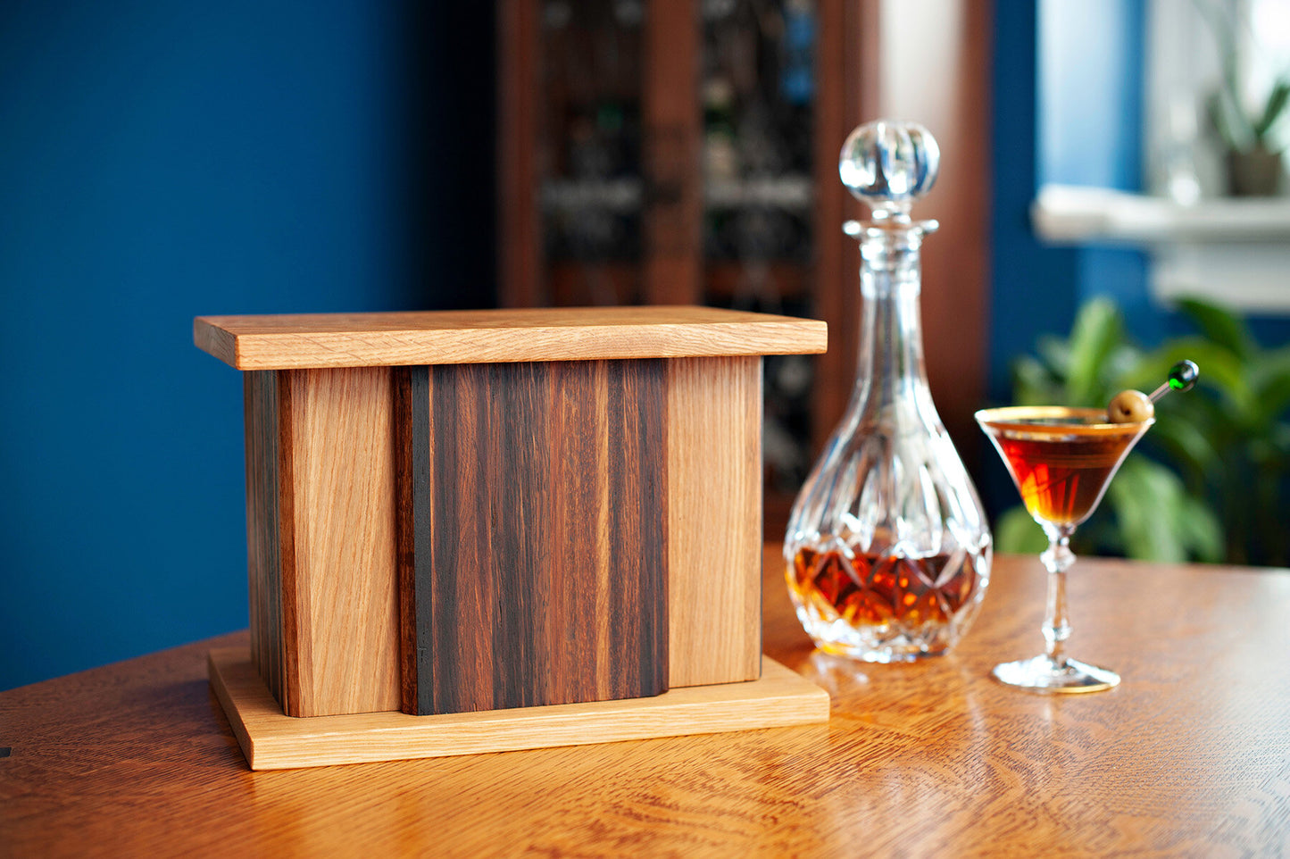 Wine and Whiskey Barrel Aged Oak Cremation Urn, Large Adult Size, Manhattan