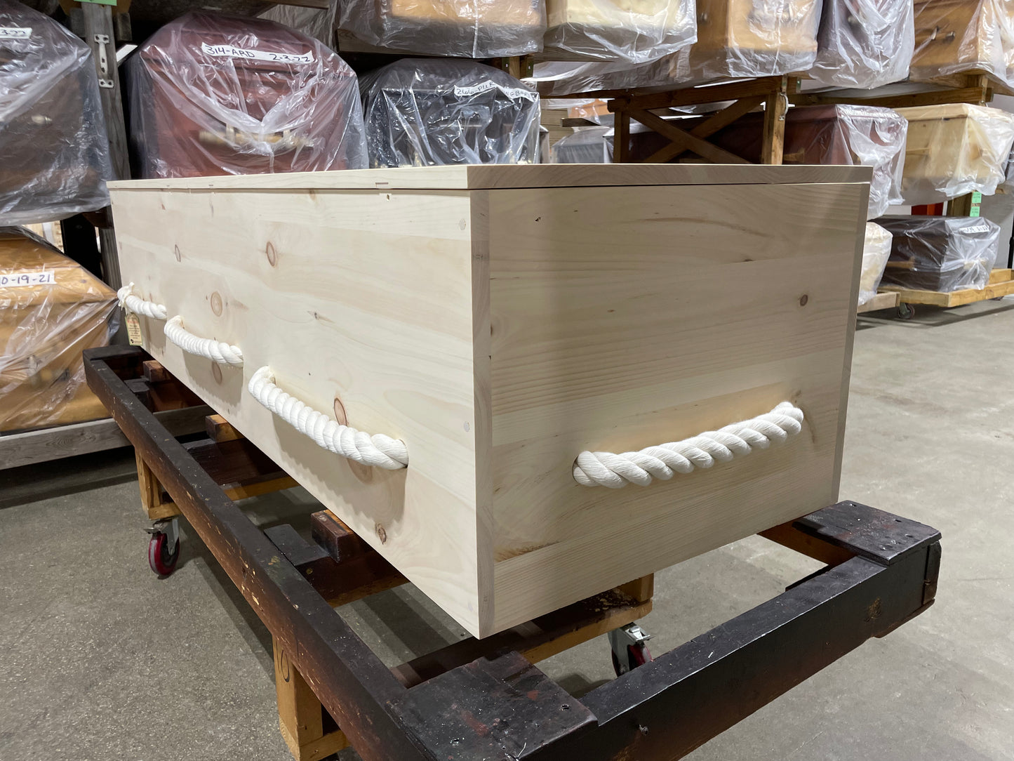 Plain Pine Box Casket with Cotton Rope Handles