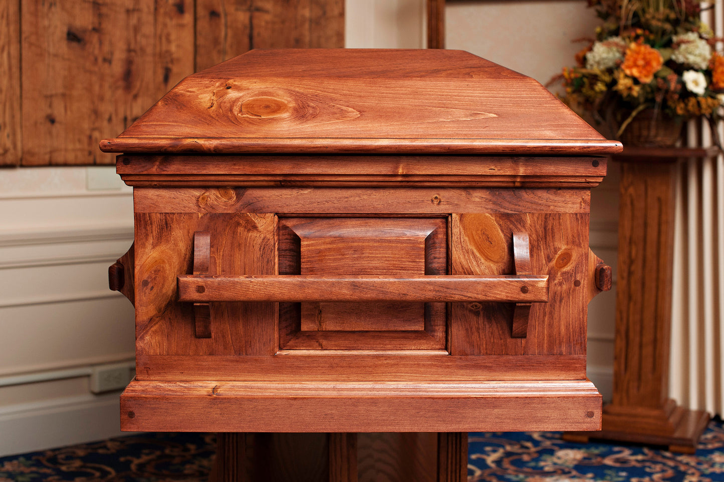 Antique Pine Casket with Stationary Wooden Handles