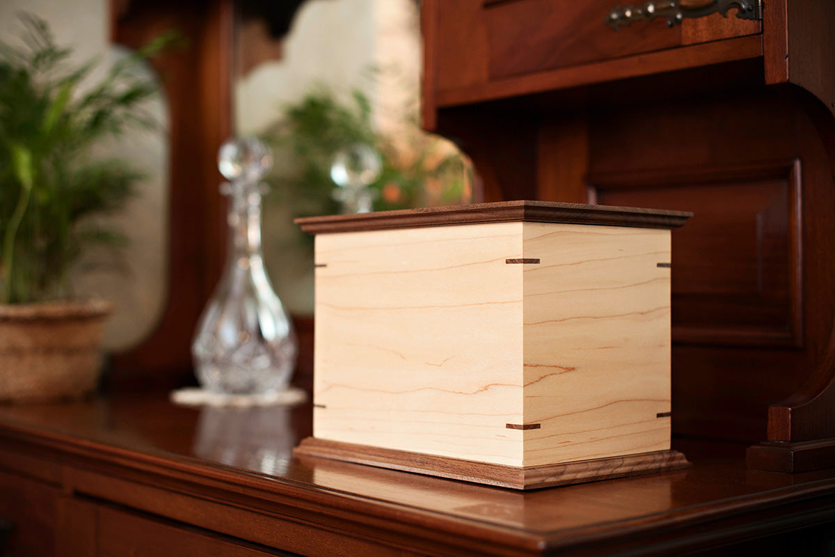 Maple and Walnut Cremation Urn in Craftsman Style, Standard Adult Size