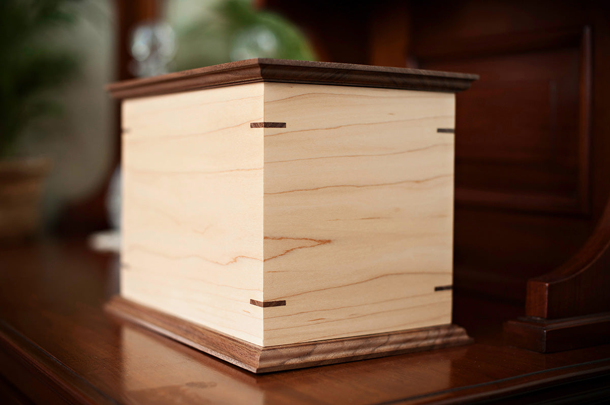 Maple and Walnut Cremation Urn in Craftsman Style, Standard Adult Size