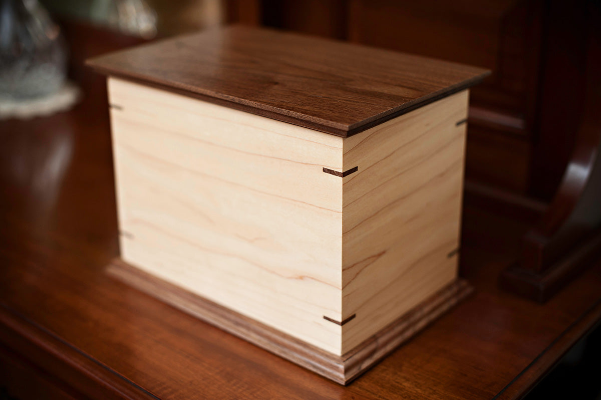 Maple and Walnut Cremation Urn in Craftsman Style, Standard Adult Size